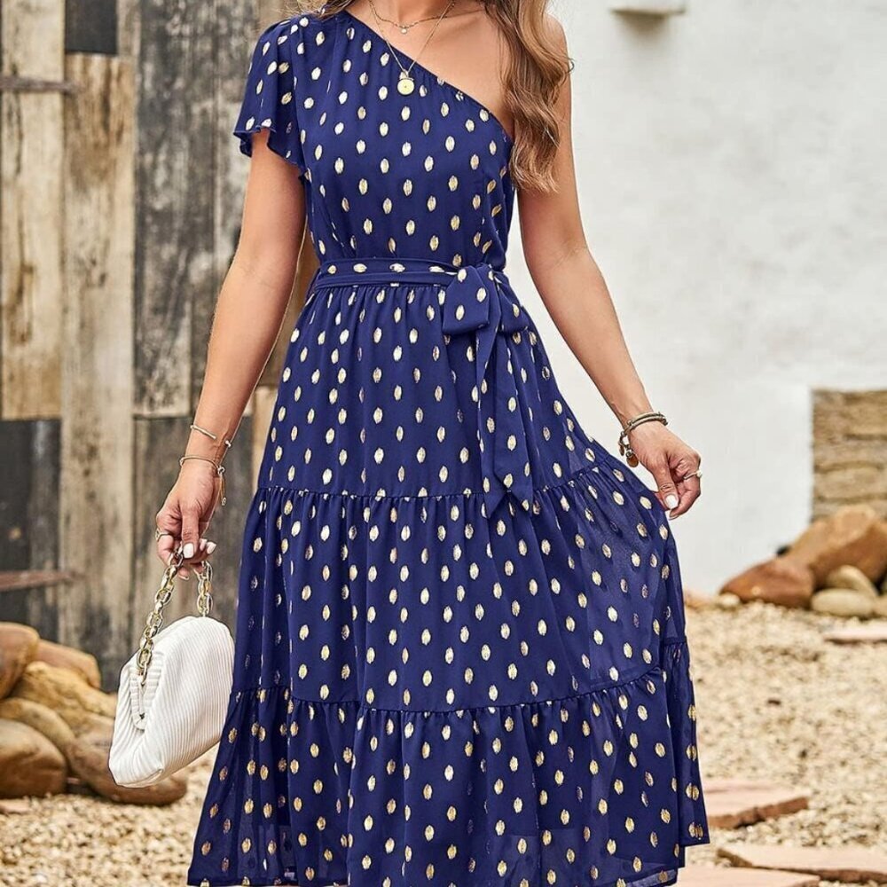 PRETTYGARDEN One Shoulder Polka Dot Tiered Ruffle Boho Midi Dress NWOT - Picture 1 of 6